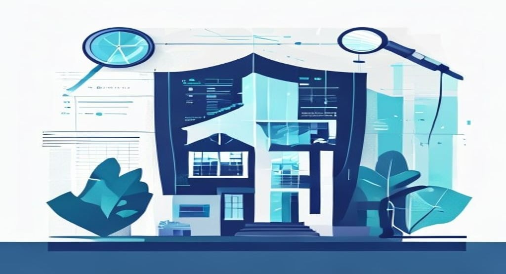 A minimalist flat-style vector illustration showing a protective shield over a building icon represe