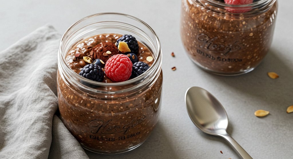 Cacao Chia Pudding in a glass jar with natural berries