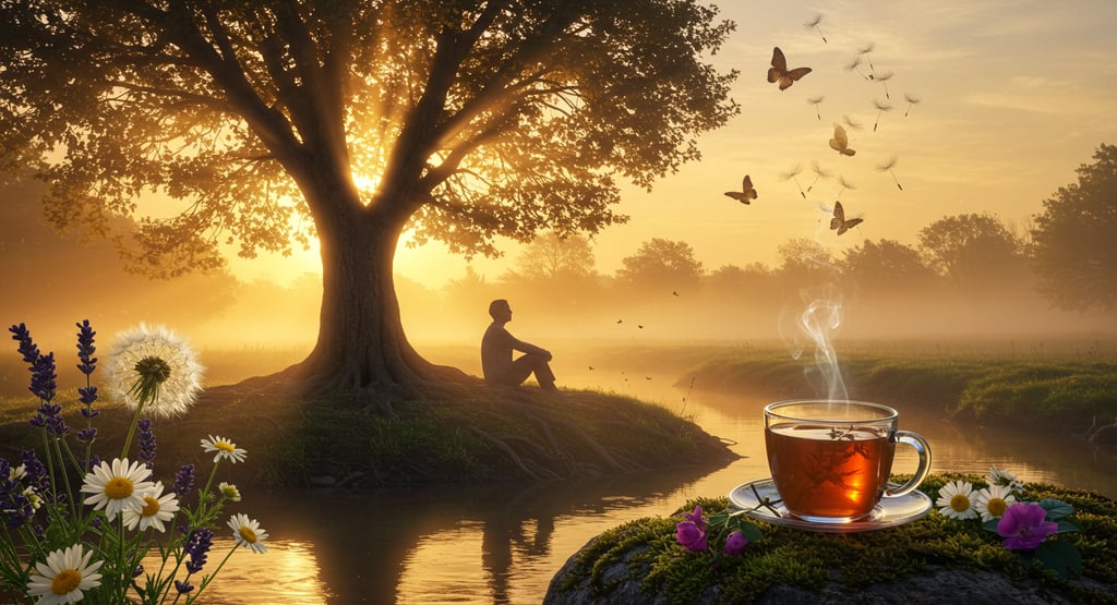Zen peaceful space, person sitting under a tree with a cup of herbal tea cooling in the distance.