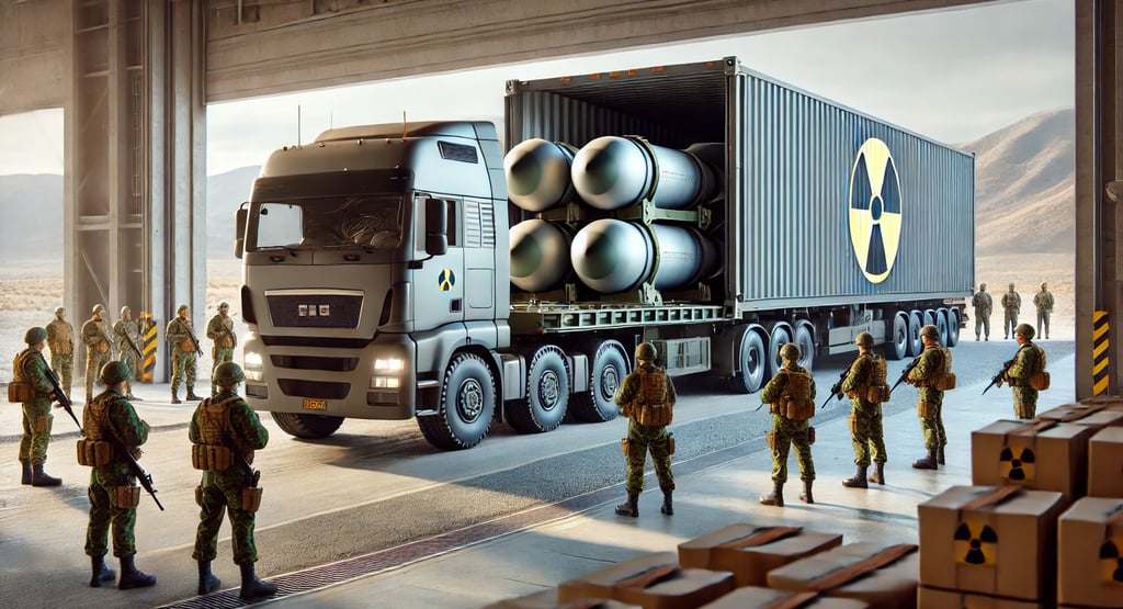 Camion y grupo de sodados con armas nucleares.