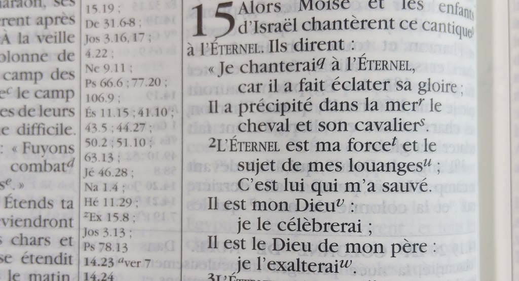Exode 15 : 1-2 qui dit : Je chanterai à l'Éternel car il a fait éclater sa gloire; ... L'Éternel est