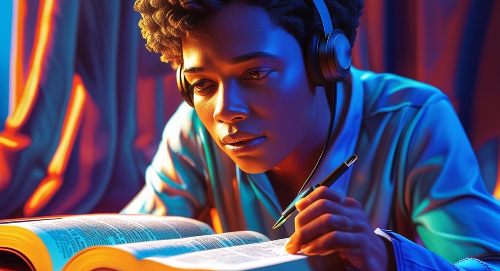 Un jeune homme à la peau foncé écoute un podcast biblique. Les yeux sur la bible et stylo en main.