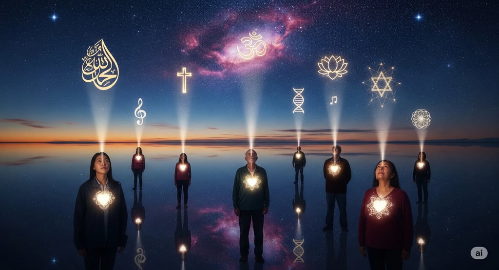 a group of people standing in front of a sky filled with stars