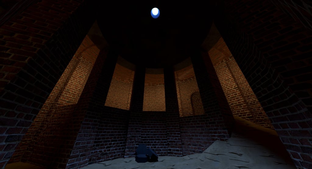 A view inside the rotunda at Braxted - brick columns line a circular chamber