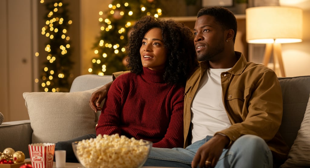 a man and woman sitting on a couch watching tv