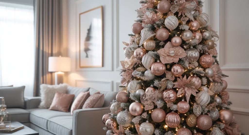 a christmas tree with pink ornaments and ornaments