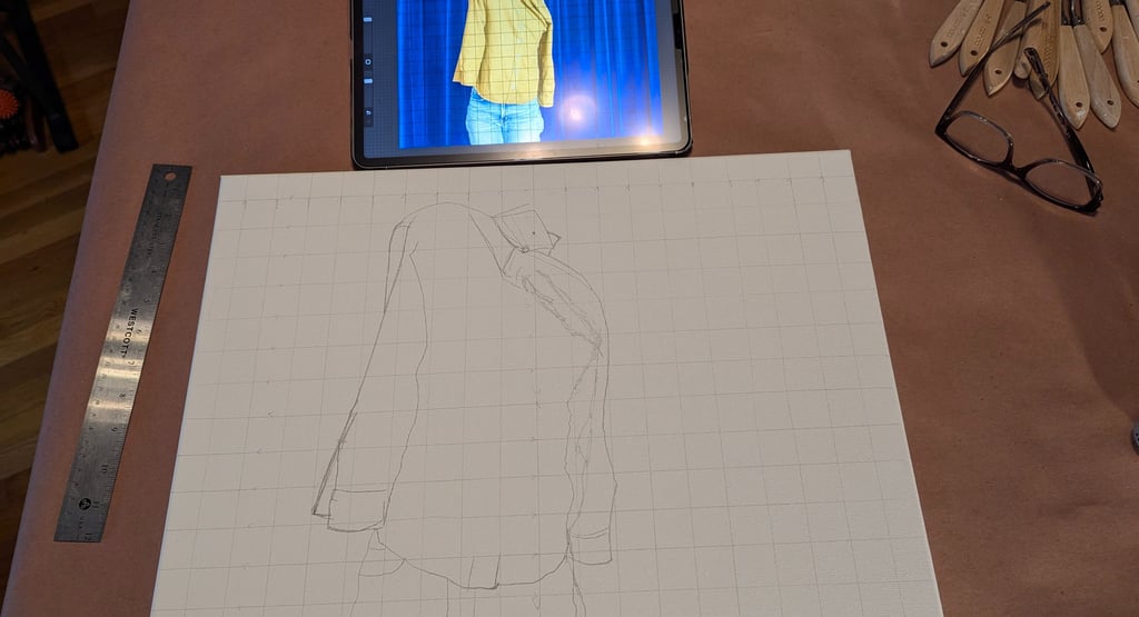 A finalized grid and sketch on canvas for acrylic painting to follow.