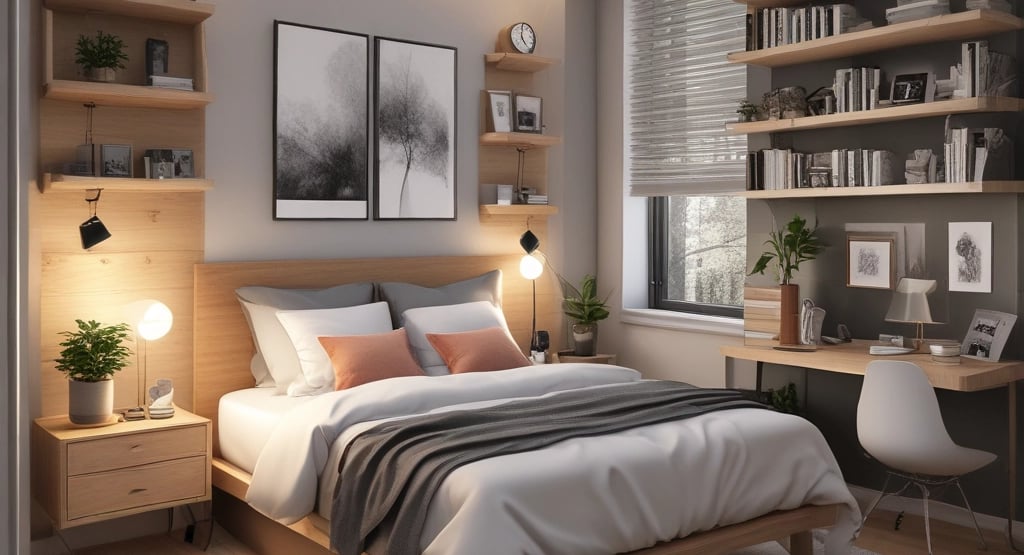 A room with a bed, desk, and shelves