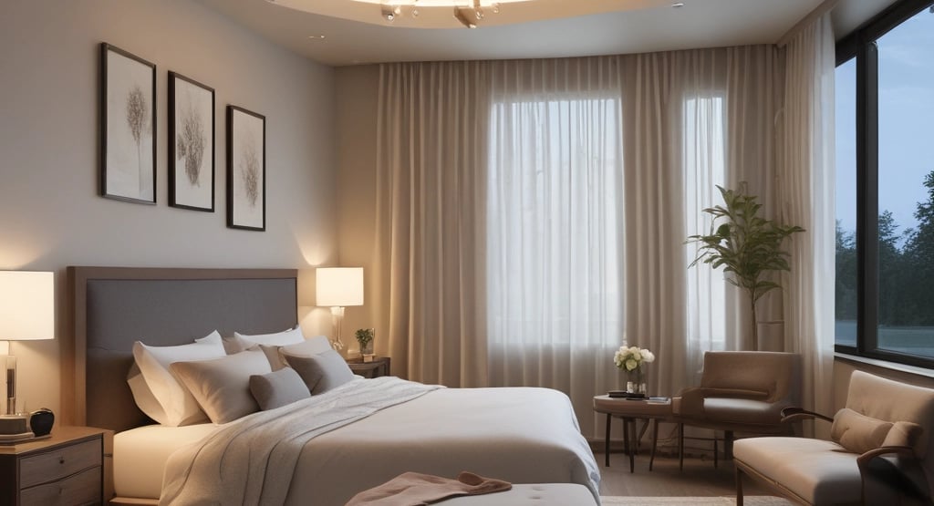 a bed in a dark room with a green light coming through the window