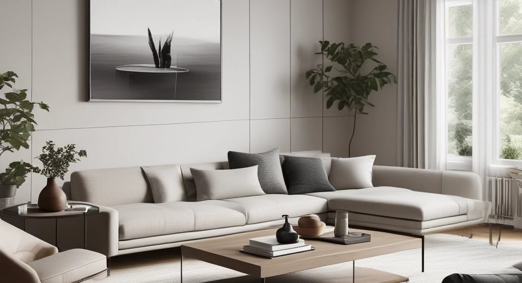a living room filled with furniture and a mirror