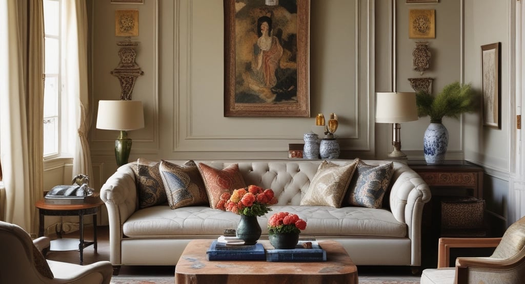 Dining table set with wooden chairs and world map decor.