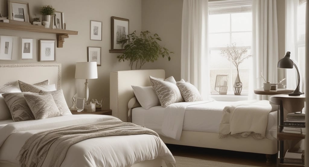 Curtains frame a window in a bright room.