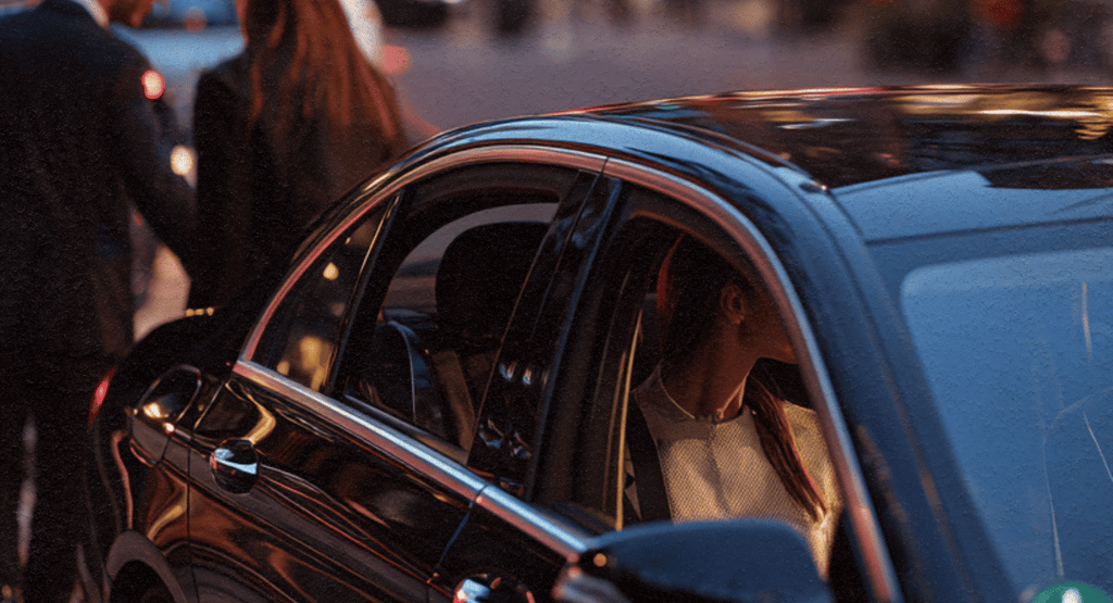 Vehículo VTC negro recogiendo pasajeros en el centro de Málaga durante un traslado