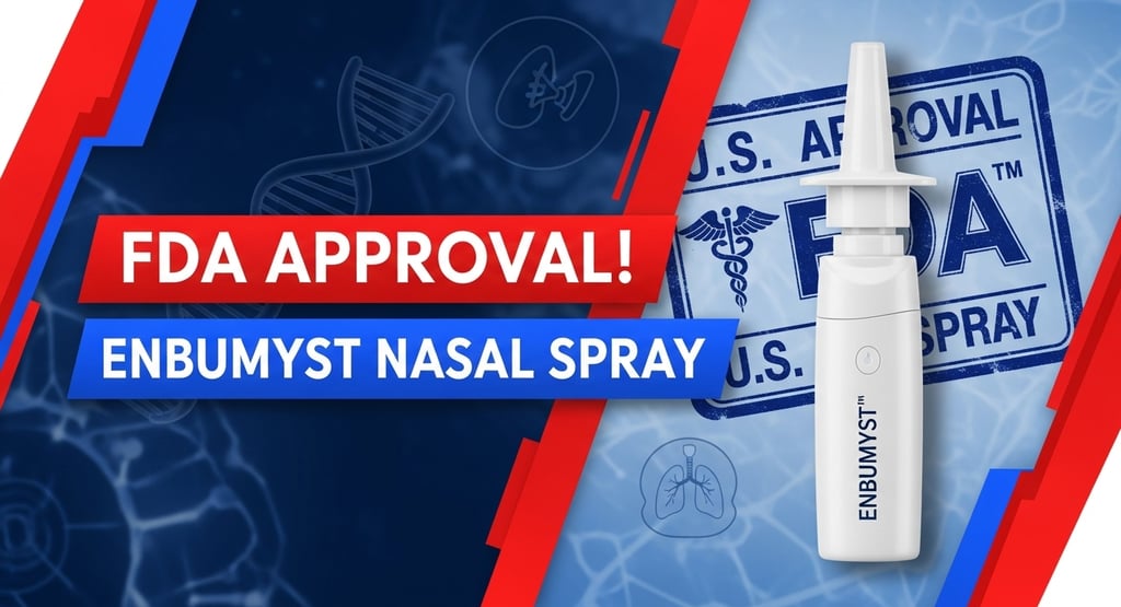 US FDA द्वारा स्वीकृत Enbumyst™ (Bumetanide Nasal Spray) को दिखाता YouTube न्यूज़-स्टाइल थंबनेल