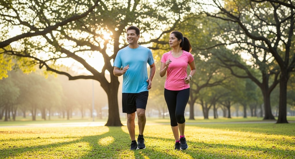 दिल की सेहत के लिए रोज़ाना 30 मिनट व्यायाम करते भारतीय पुरुष और महिला