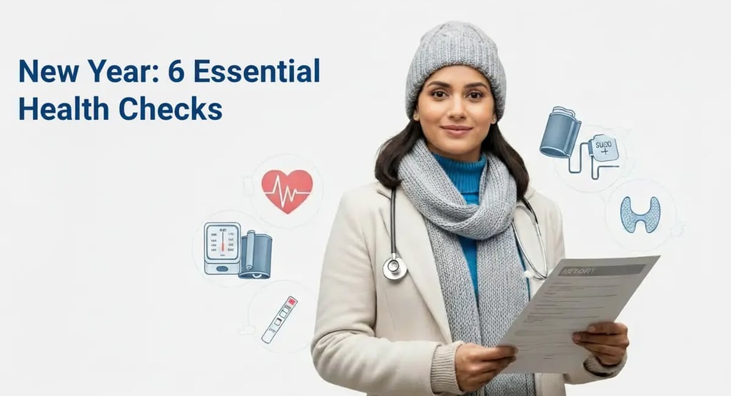 Preventive health checkups before new year highlighting blood pressure, sugar, cholesterol & routine