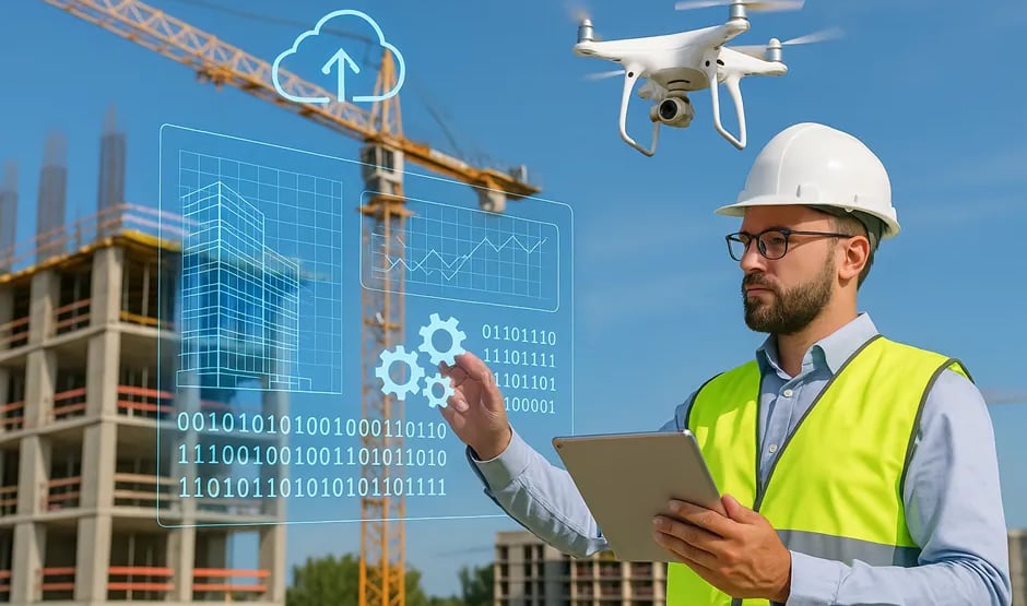 AI construction; a man in a hard hat and safety vest holding a tablet computer and a tablet