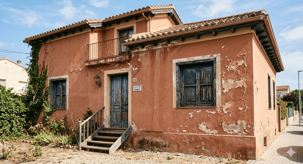 Rustic terracotta Spanish villa with peeling paint, wooden shutters, and a small balcony.
