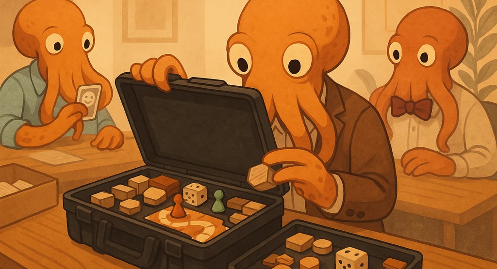 a man in a suit case with a box of dicers