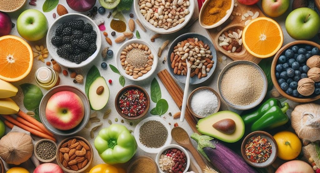 a variety of fruits and vegetables in bowls
