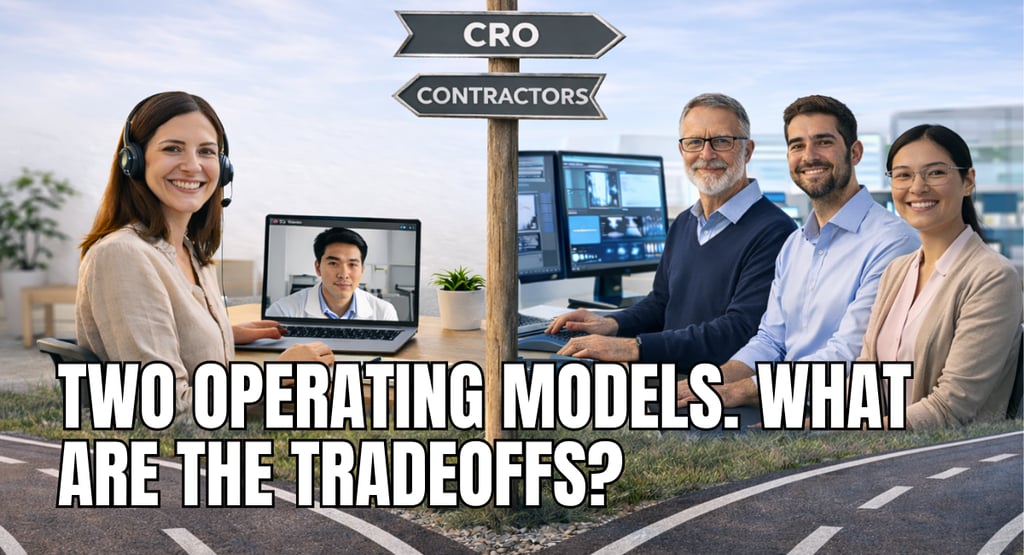 Professional team comparing CRO and contractor operating models for clinical research efficiency.