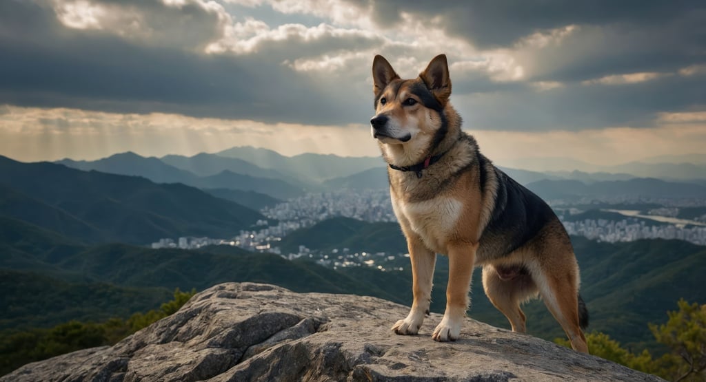 A dog stands on a rocky outcrop, overlooking a scenic mountain landscape
