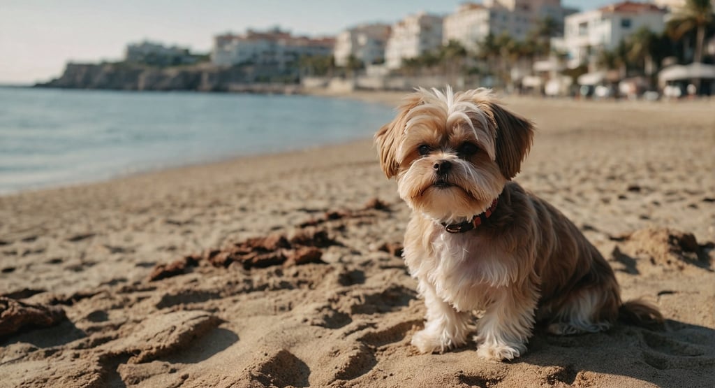 Cute little Maltese dog with soft brown fur on the beach 