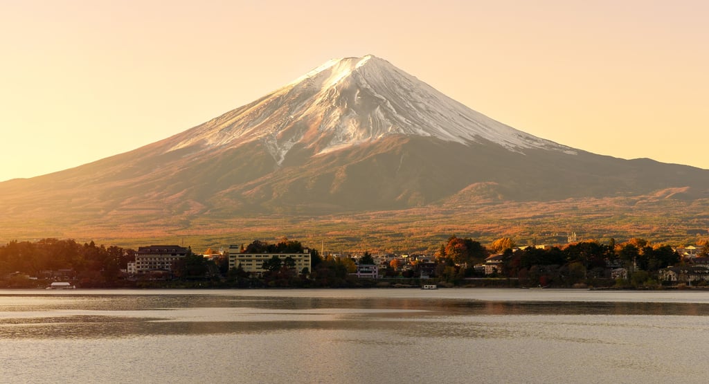 Mount Fuji at Lake Kawaguchi in the morning sunrise. 