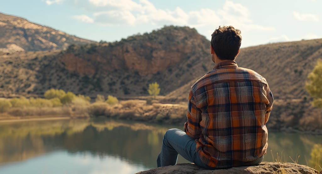 Contemplating a Tranquil Lake Amid Rugged Mountains