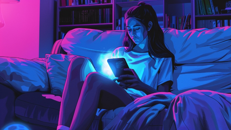 a young woman sat looking at the blue light on the screen of a tablet and phone in the dark