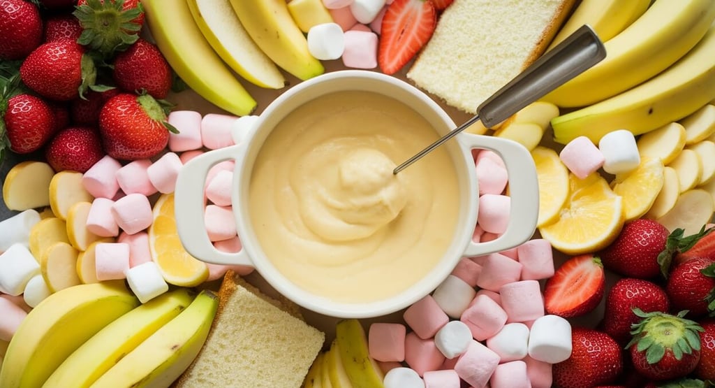 lemon fondue with bananas, marshmallows, strawberries and other fruits
