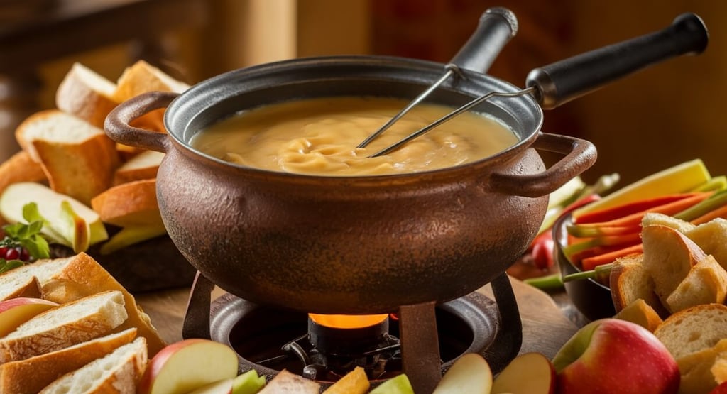 cider and cheese fondue with apple and bread as dippers