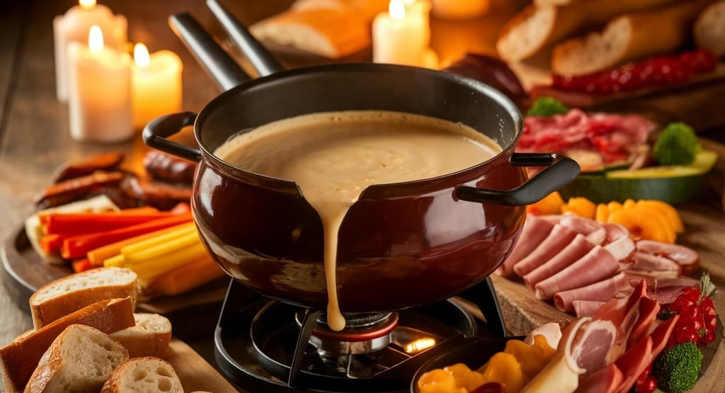 wine and cheese fondue sauce with cold cuts and bread