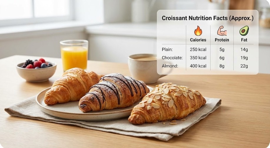 Fresh croissants with calorie chart showing croissant calories, including plain, chocolate, and almo