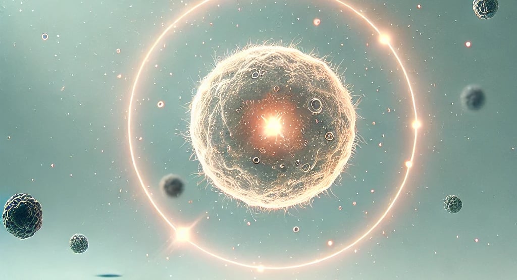 Glowing healthy cell with a protective halo of tocotrienol