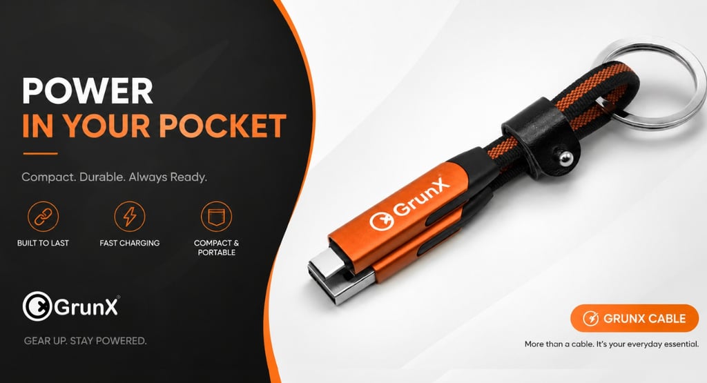 GrunX Sonic 6-in-1 keychain charging cable with 240W fast charging, USB-C and Lightning connectors, 