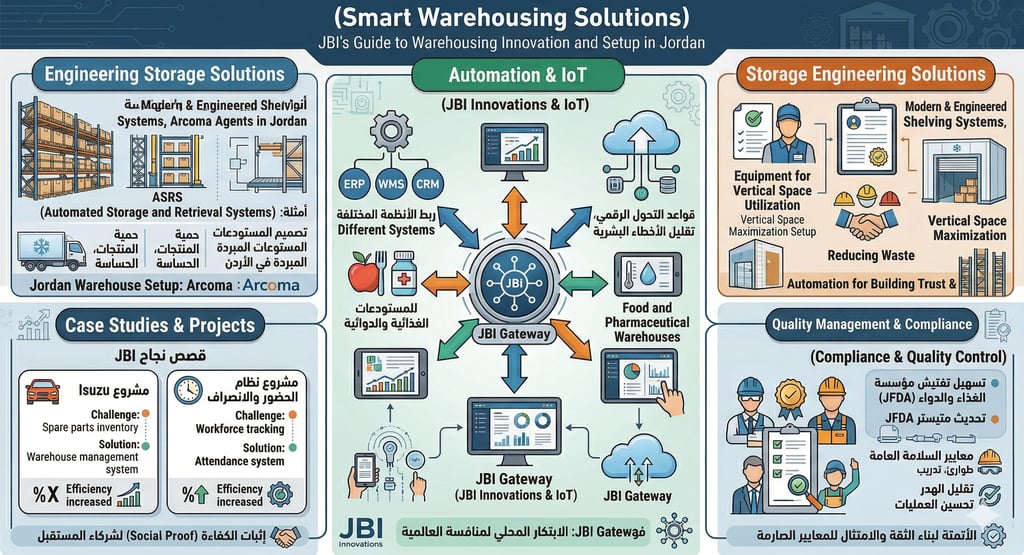 Infographic showing smart warehousing solutions including automation, IoT, and storage engineering in Jordan.