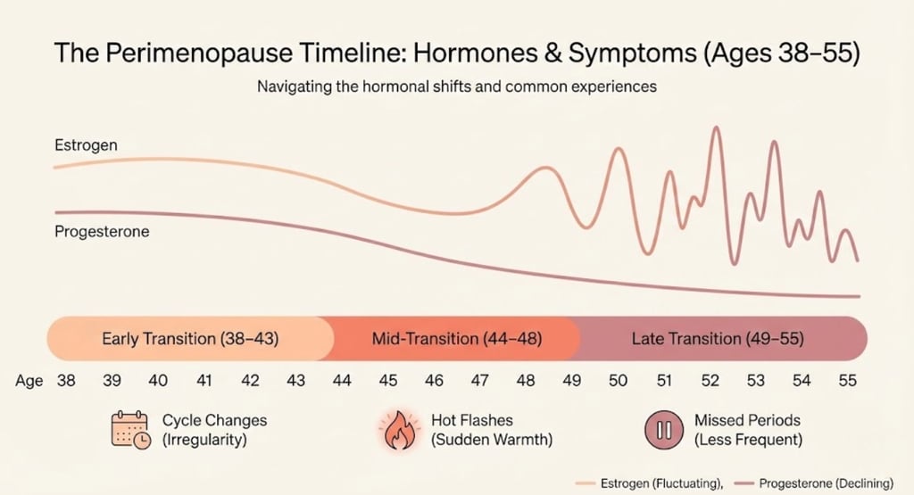 Perimenopause timeline infographic showing hormonal changes and symptoms by age from 38 to 55