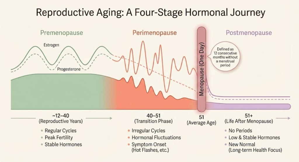 Timeline infographic comparing premenopause, perimenopause, menopause, and postmenopause — with hormone curves