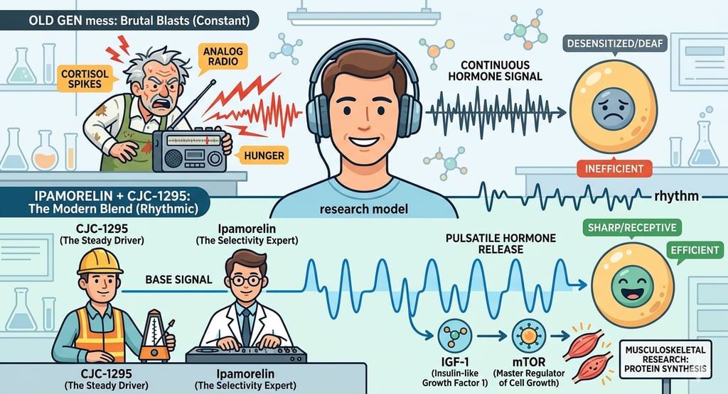 Diagram comparing old generation peptides with the Ipamorelin and CJC-1295 blend for pulsatile hormone release.