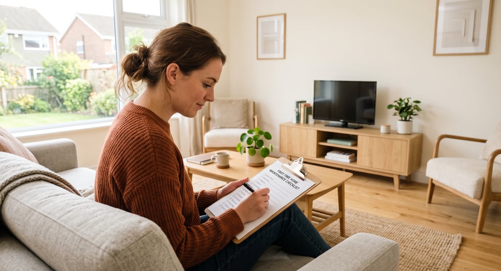 A first-time homeowner reviewing a home maintenance checklist inside a new living room