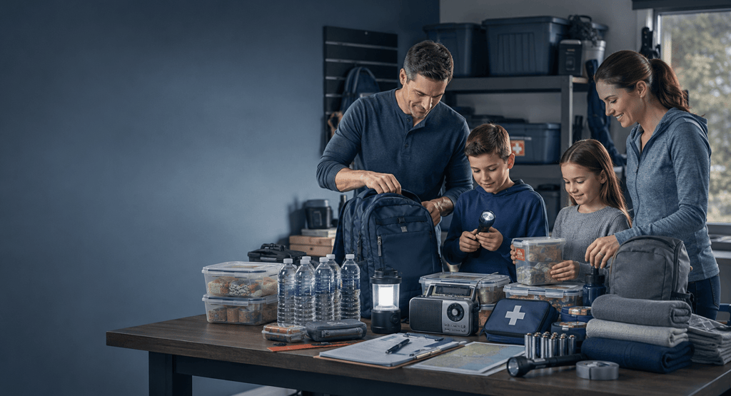 A family packs an emergency survival kit with water, flashlights, and a first aid kit for disaster preparedness.