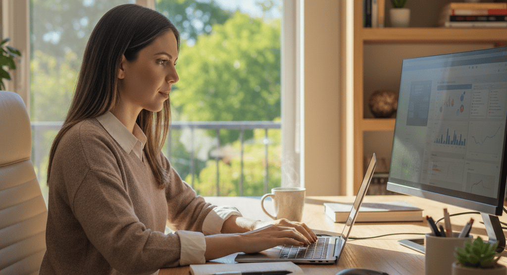 Remote recruiter working at a computer in a home office environment.