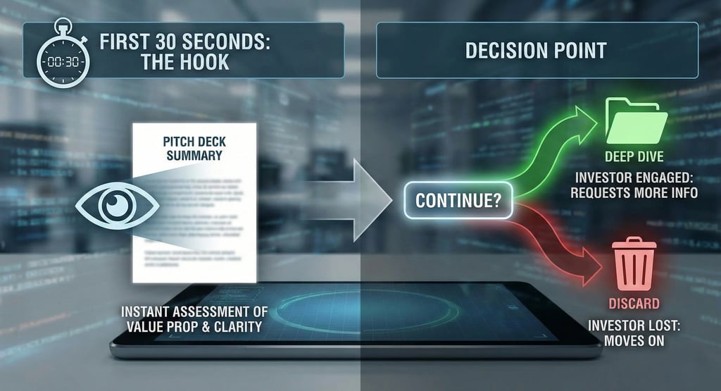 Diagram showing investor 30-second pitch deck decision process