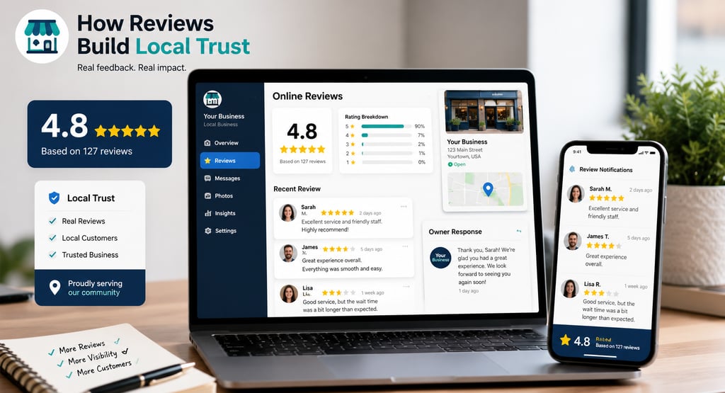 A laptop and smartphone displaying a local business review dashboard with five-star ratings and customer feedback.