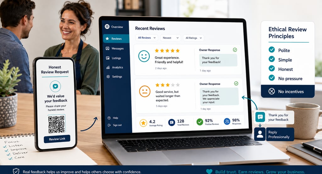 A business owner manages customer feedback on a laptop review dashboard with ethical review principles.