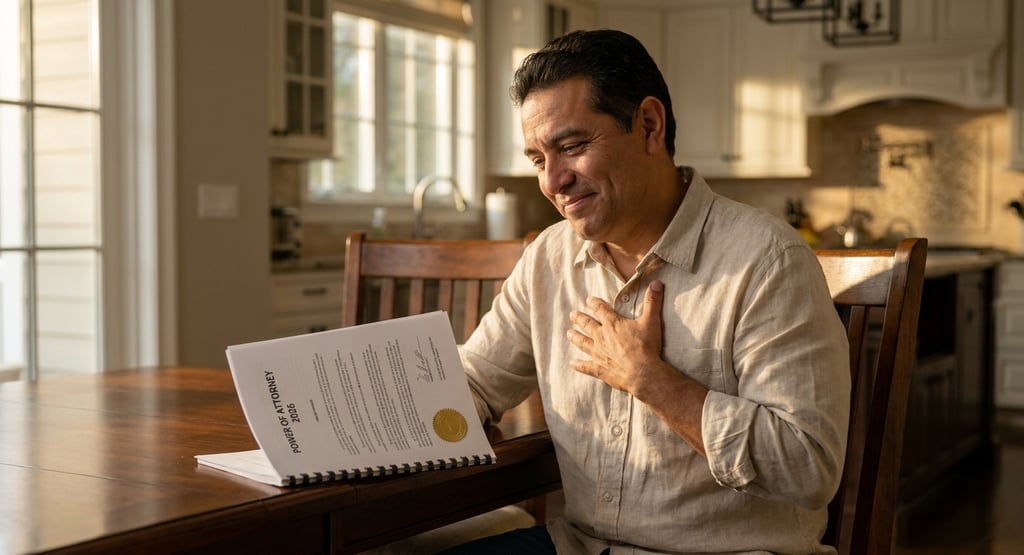 Hombre hispano de mediana edad revisando una carta poder en casa.