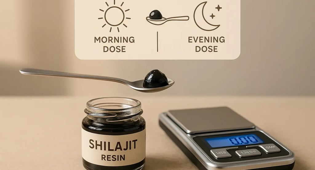 SHILAJIT DOSAGE MORNING AND EVENING AND SCALE ON TABLE