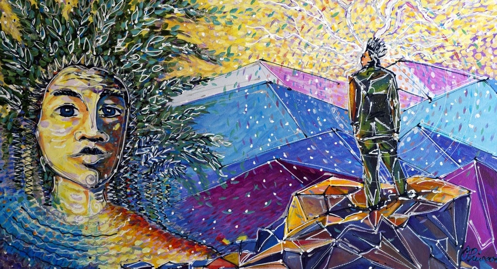 Farbige Bergszene mit Figur am Grat und großem Gesicht im Vordergrund