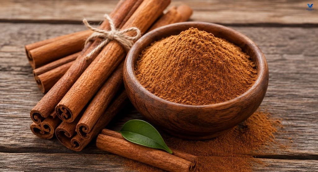 Ground cinnamon powder and cinnamon sticks on a wooden table highlighting the health benefits of cin